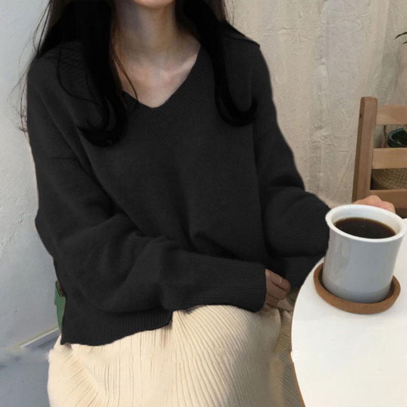 2024 Early Autumn Women's V-Neck Loose Knit Sweater – Versatile, Solid Color Pullover