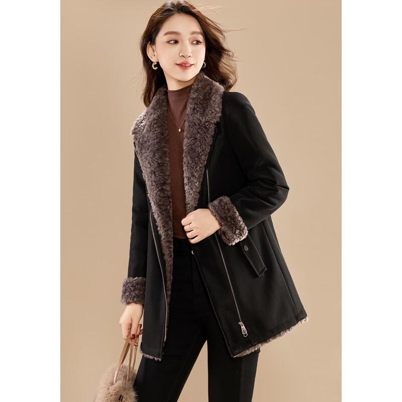 Kobel Women's Elegant Plush Lamb Wool Blend Color-Block Coat
