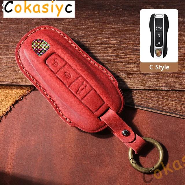 AABKR1 Leather Car Key Case Cover For Porsche Macan 911 Panamera Cayenne 2018 Replacement Boxster 986 987 981 Remote Fob Shell Keychain