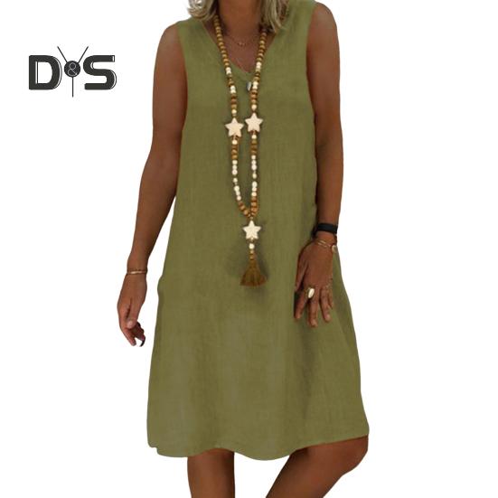 

Женское летнее платье без рукавов с V-образным вырезом, А-силуэта, однотонное платье-миди длиной до колена, пуловер, жилет, пляжное платье для отдыха S зелёный