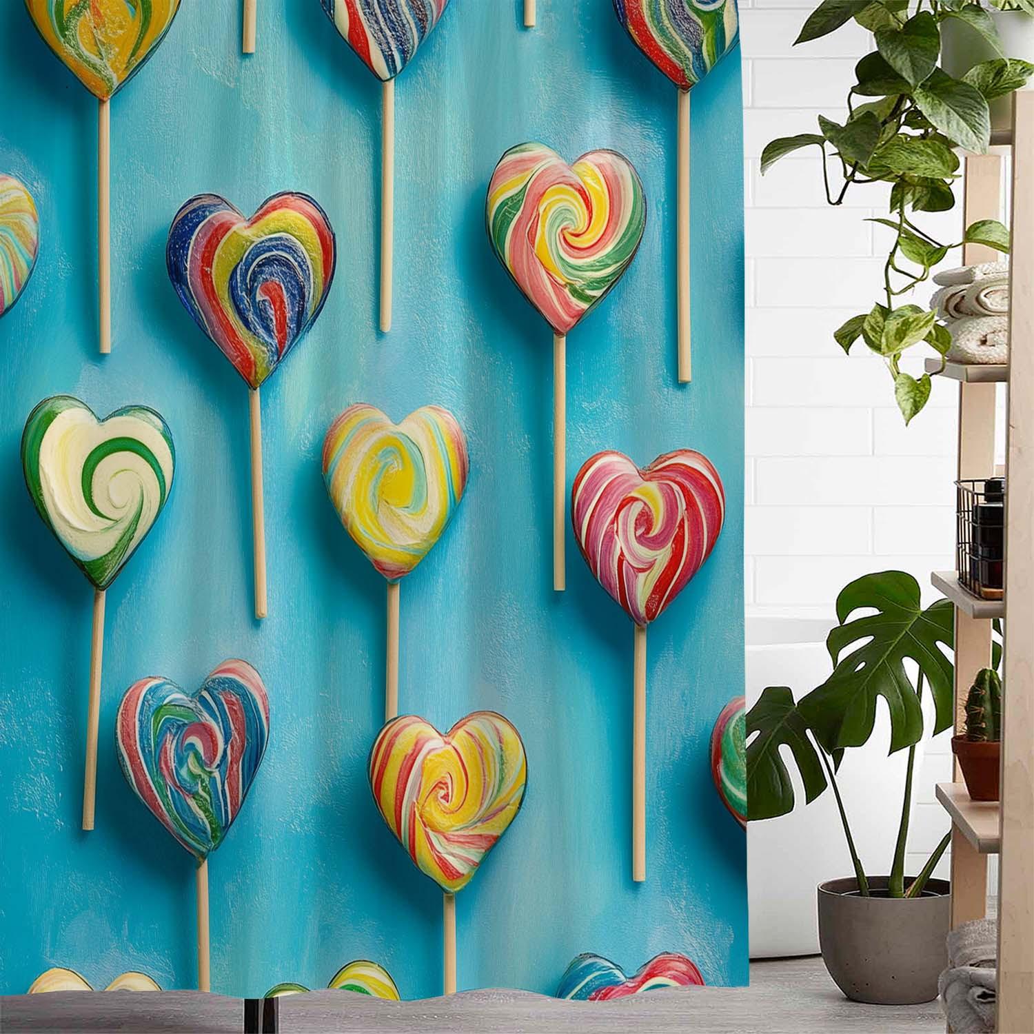 

Romantic Valentine s Day Art Heart Shaped Lollipop Shower Curtain, Waterproof Polyester, Machine Washable, Bathroom Decoration 90X180cm