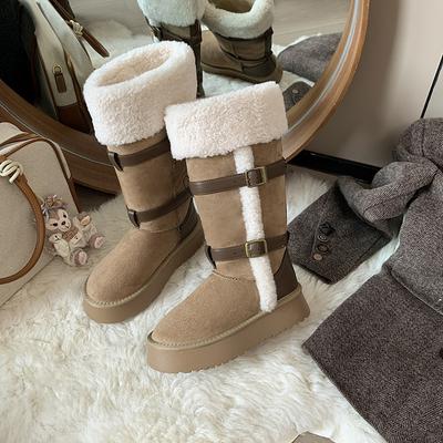 Women's Tall Belt Buckle Fashion Lightweight Soft Sole Winter Warm Fur One Snow Boots Padded Lined Non-slip Casual Sports Cotton Boots