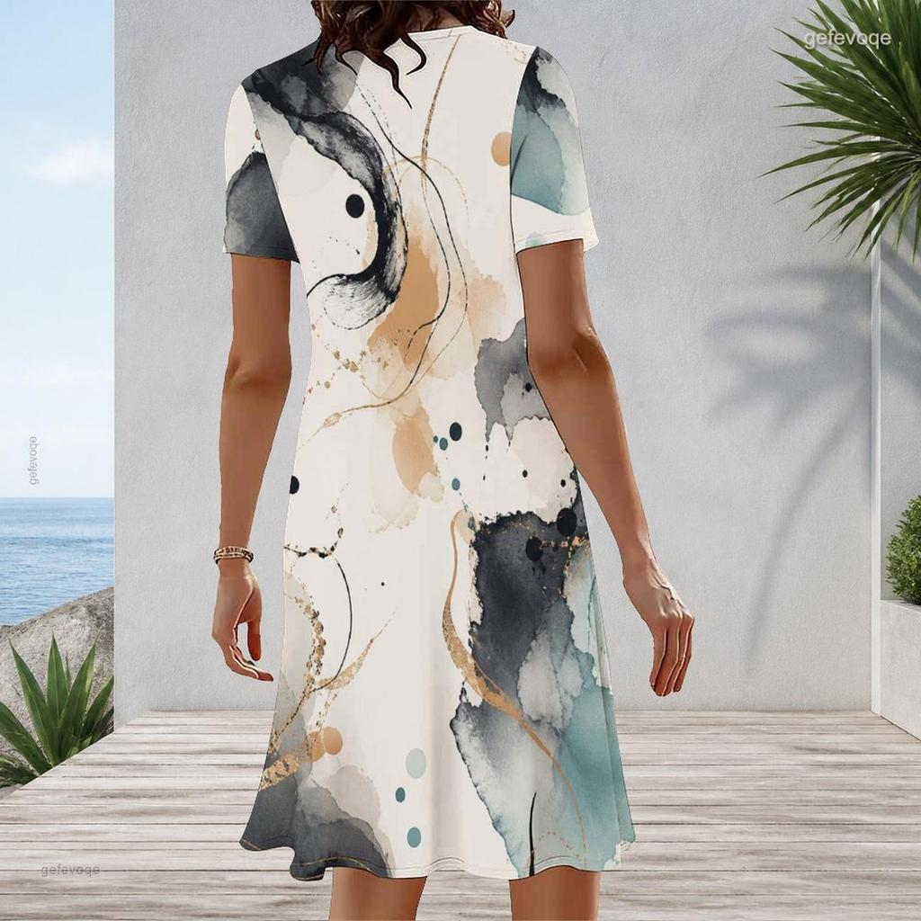 Women Plus Size Round Neck Short Sleeve Printed A Line Midi Dress