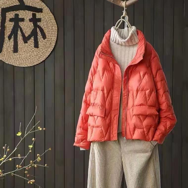 Cappotto da donna in piumino d'anatra bianco, casual, con collo alto, tasche con cerniera, parka, giacca leggera e ampia