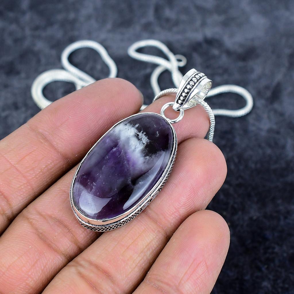 Chevron Amethyst Gemstone 925 Sterling Silver Jewelry Pendant 2.05" M-2925