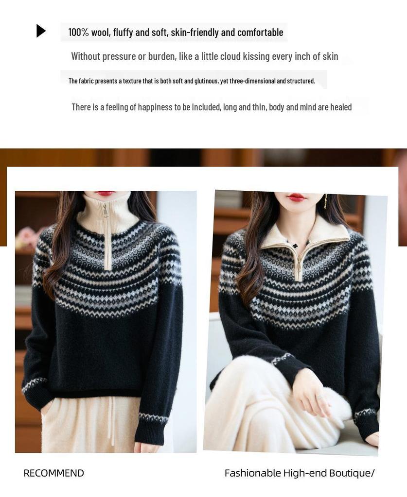 Women's Retro Pure Wool Jacquard Stripe Sweater Jacket with Zipper Stand Collar