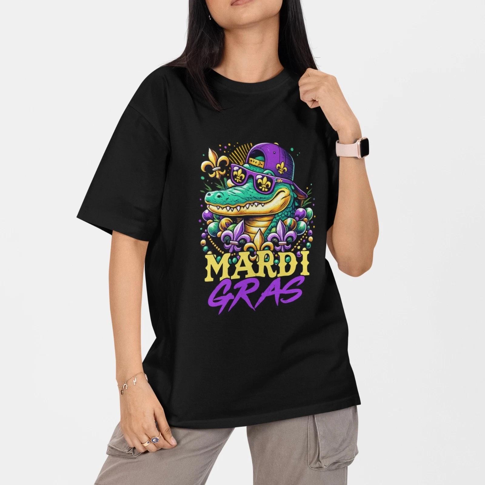 Mardi Gras Alligator Shirt Funny Carnival Gator Beads Party T-Shirt Unisex Gift XS