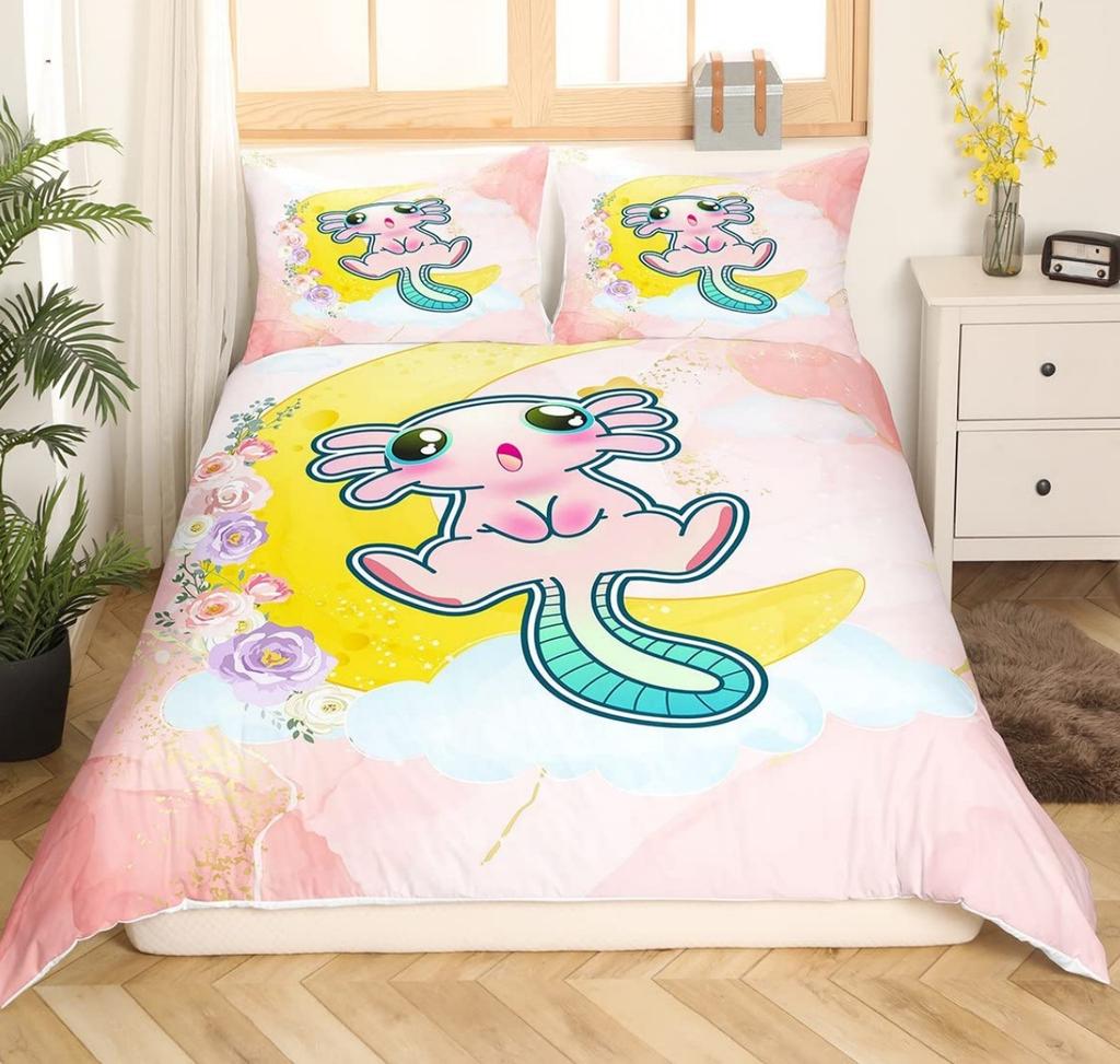 Cartoon Pink Axolotl Floral Duvet Cover King Size 3D Cute Salamander Bedding Set Suitable For Boys Girls Room Decoration 3 Pcs