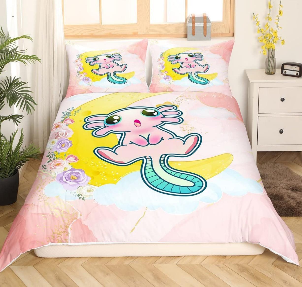 

Cartoon Pink Axolotl Floral Duvet Cover King Size 3D Cute Salamander Bedding Set Suitable For Boys Girls Room Decoration 3 Pcs EU Single(135*200cm)3pcs