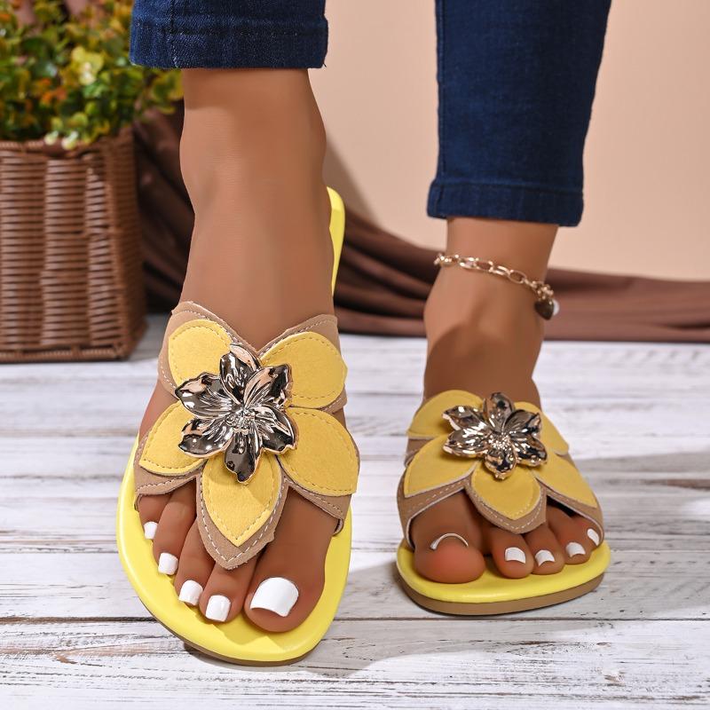 

Plus Size Slippers Summer New Round Toe Open Toe Rhinestone Flower Soft Sole Lightweight Sandals 43 жовтий