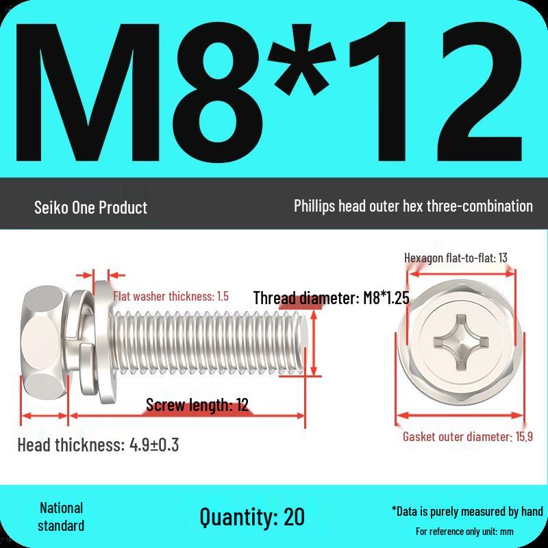 Concave Head Hexagon Combination Bolt Set with Spring Washer and Gasket - 3 Pieces