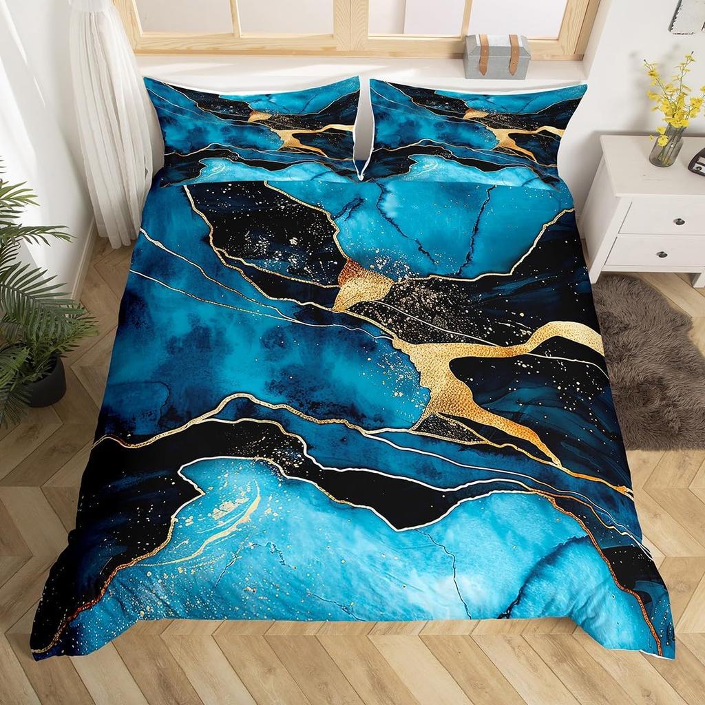 Marble Duvet Cover Twin, Gold Glitter Abstract Marbling Bedding Set Watercolor Stone Marble Texture Comforter Cover, Aqua Blue