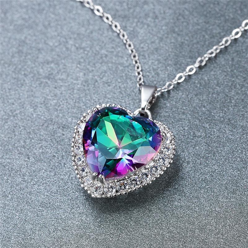 Rainbow Cubic Zirconia Heart Pendant Necklace Heart Stone Silver Clavicle Chain For Women Anniversary Jewelry