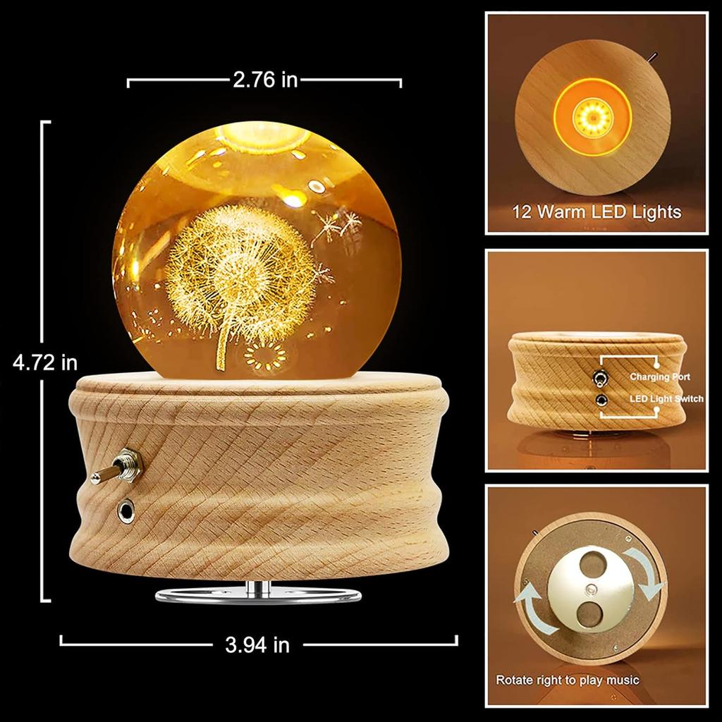 3D Crystal Ball Music Box with Projection LED Light and Rotating Wooden Base, Gift for Birthday, New Year, Valentine's Day, Music Boxes for Women Mom