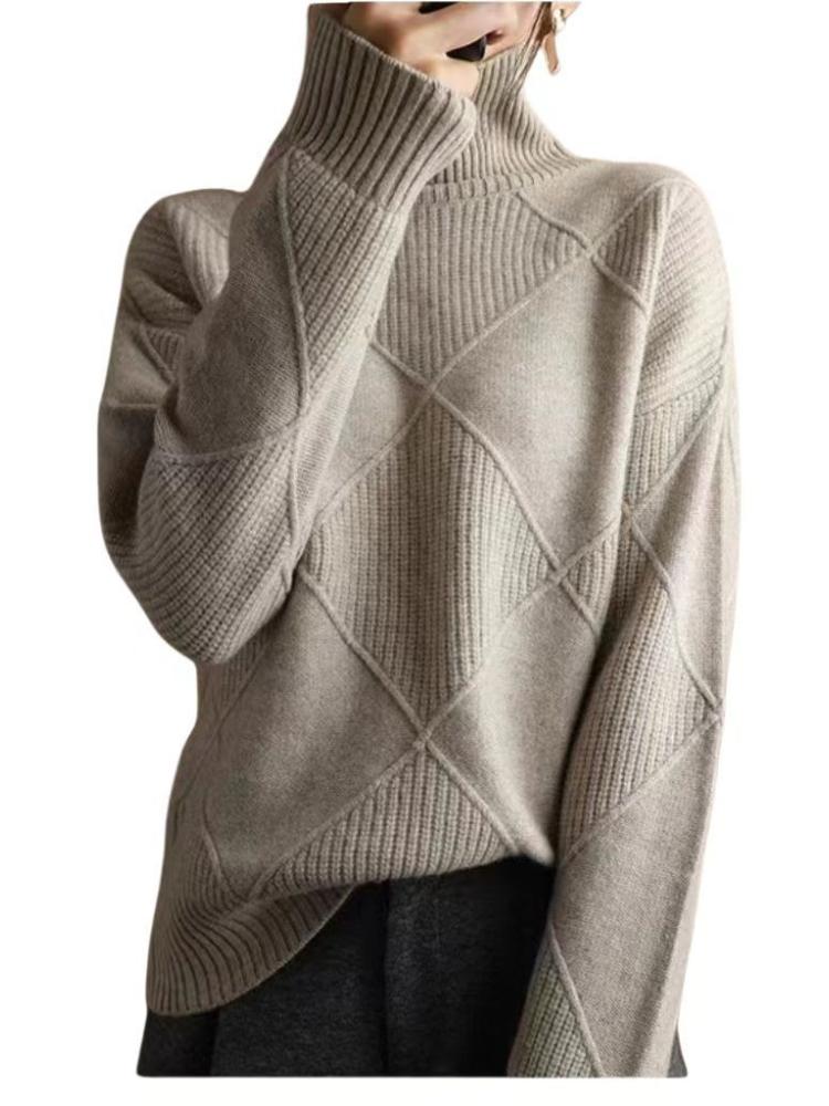 New In Autumn Winter Women Turtleneck Sweaters Full Sleeve Pullovers Spliced Thick Sweater Lozenge Elegant Lady Solid Outwear
