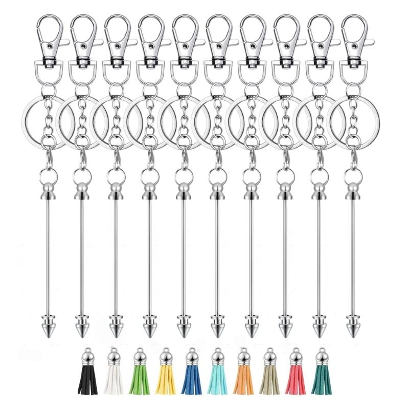 

Pack of 10 Unique Metal Blank Rod Keychain Beaded Stringing Option Keychain Blanks with Colorful Leather Tassels 1