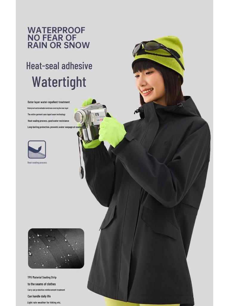 Women's Mid-Length Windproof Waterproof Shell Jacket - Autumn/Winter Outdoor Exploration, Waist-Cinched, Plus Velvet, Single-Layer.