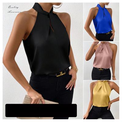Summer Women's Blouse Hanging Neck Sleeveless Vest Satin Imitation Silk Top T-Shirts Women’s