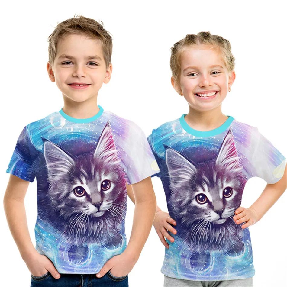 

Детская одежда для мальчиков и девочек с коротким рукавом, летняя детская одежда с 3D-принтом кота, милая черная футболка 2024 года, детская одежда, топы для девочек 130