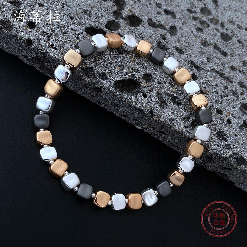 Small square grain three-color splicing alloy bracelet, electroplated bright silver dumb silver men's and women's simple elastic bracelet