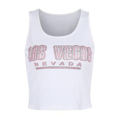 Women Rhinestone Letter Tank Tops Round Neck Casual Vests Summer Sleeveless Tops Streetwear