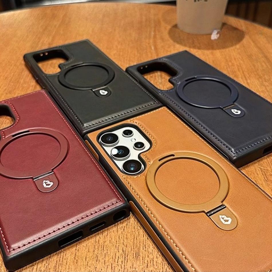 Business Retro Leather Holder Magnetic Case for Samsung Galaxy S25 S24 Ultra S23 S22 Plus Wireless Shockproof Cover for Magsafe