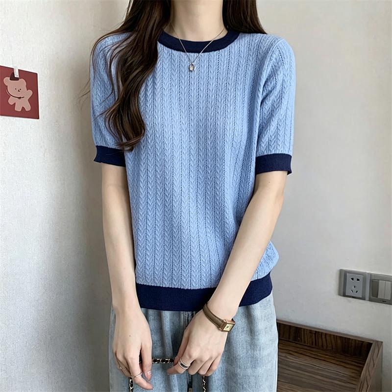 

Knitwear Women Summer Round Neck Contrast Color Short Sleeve Slim Fit Slimming Versatile One Size