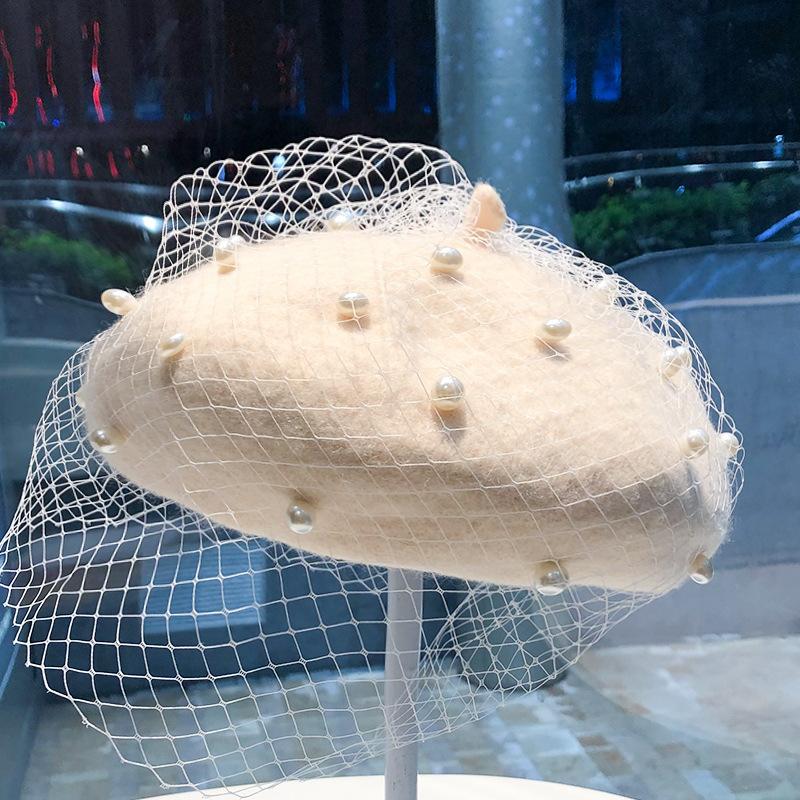 Wool beret women, mesh pearl pumpkin hat spring and autumn fashion British retro painter hat versatile