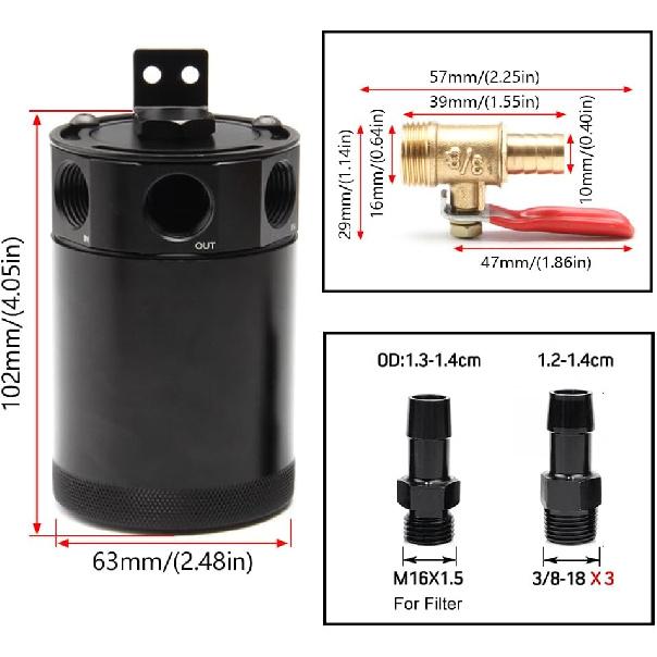 Universal 150Ml Car Oil Catch Can Kit Reservoir Tank, Compact Baffled 3-Port Oil Separator 2 Inlets 1 Outlet Black With Breather Filter + Drain Valve