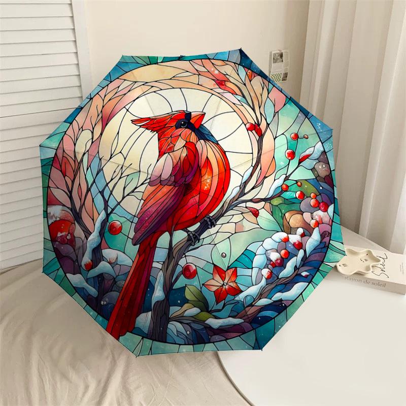 

1PC stained glass window, cardinalAutomatic Open/Close Umbrella with Windproof, 8-Rib Sturdy Canopy, Durable Ribs, Fashionable Design1320A