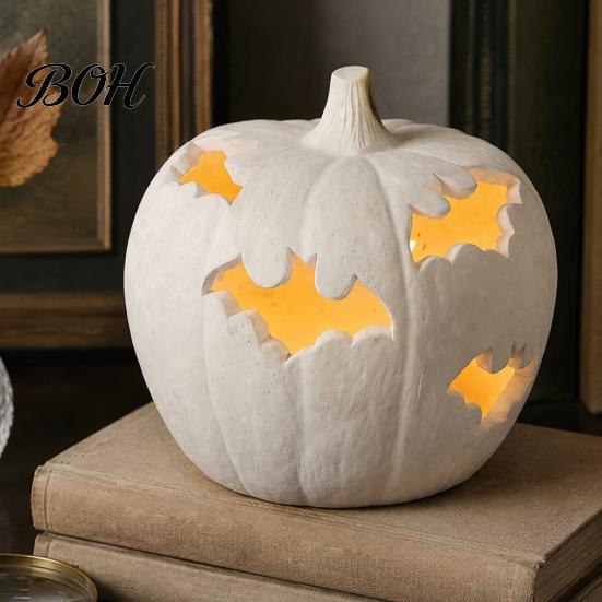 Decorative Yard Figurines Halloween Pumpkin Resin Figurine, Bat Hollow Out Lantern with Atmospheric Night Lighting Warm Light, Spooky Indoor