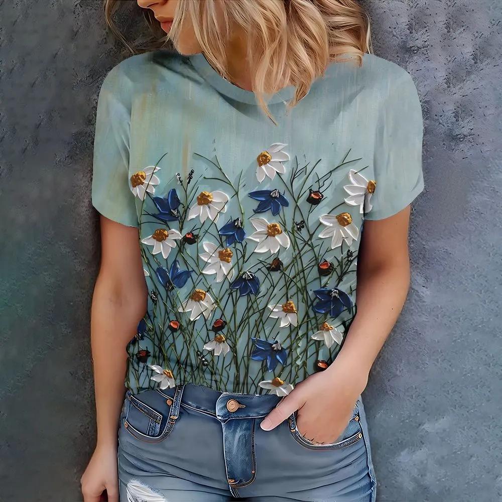 Women's V-Neck Flower Printed Top Fashion Versatile Short Sleeve Comfortable Daily T-Shirts Women’s