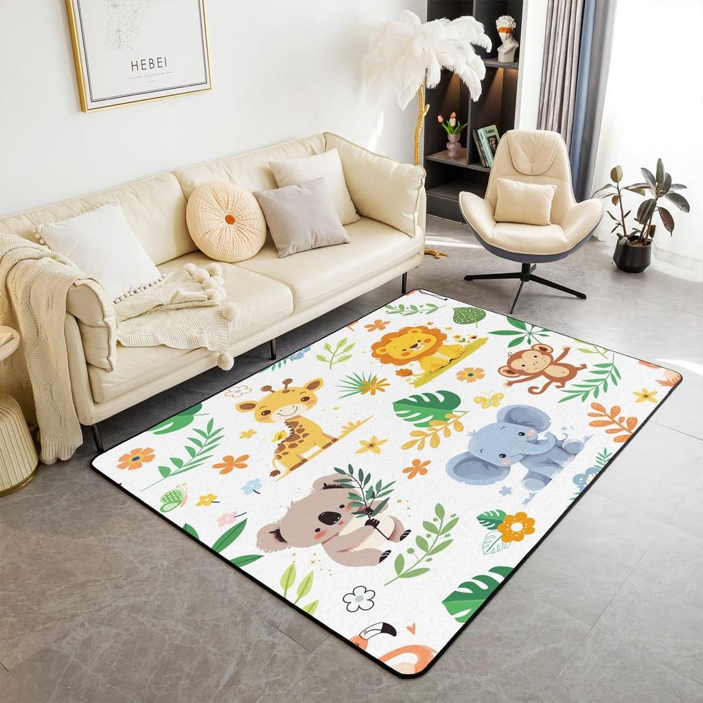 Erosebridal Nursery Jungle Animal Kids Area Rug 4'11" x 3'3" | Safari Elephant Giraffe Carpet for Boys Girls Cartoon Koala Lion Indoor Floor