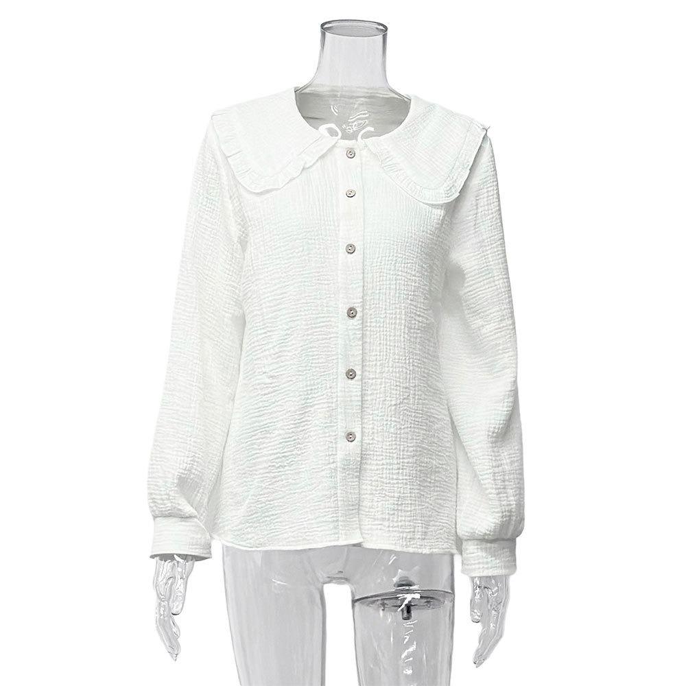Classic French retro women's clothing, versatile fungus edge doll collar white lapel long-sleeved shirt top women's autumn