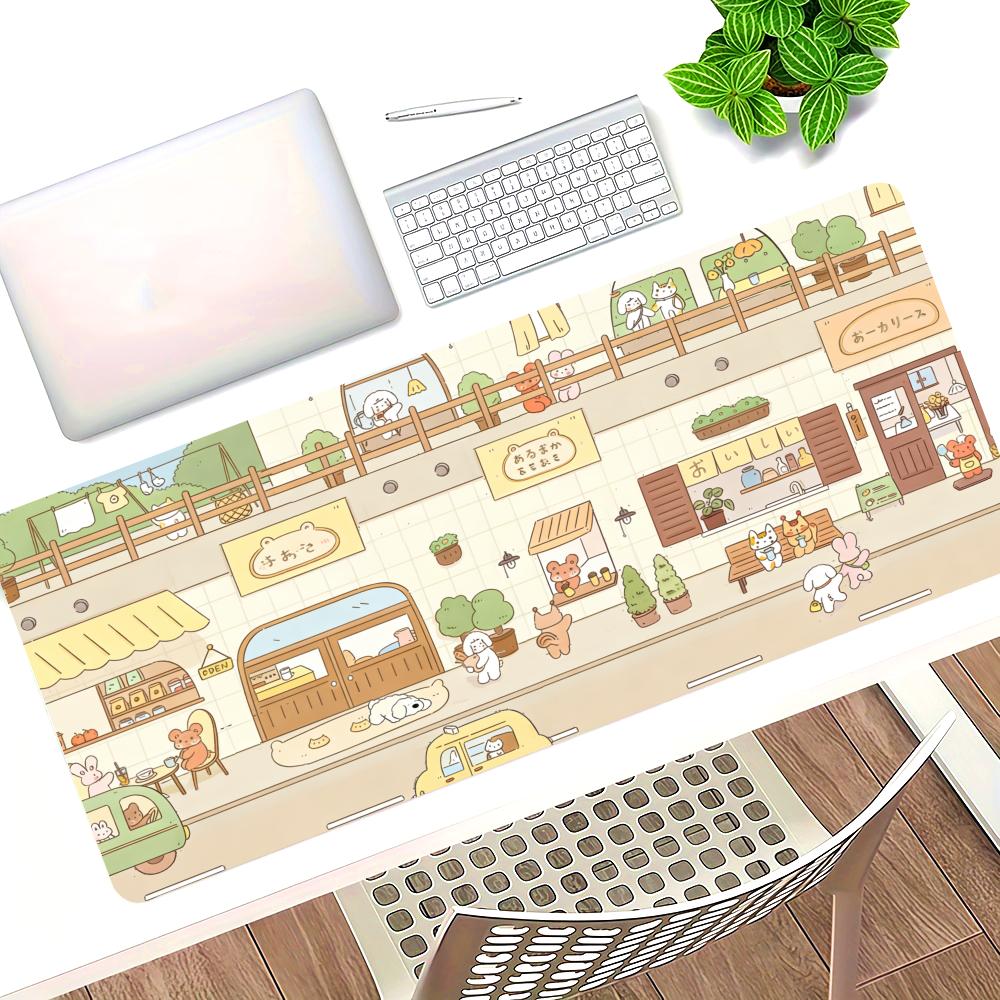 HYBXAXC Cute Kawaii Mousepad Green Cute Mouse Street Japanese Bakery Cafe Bunny Bear Plants Flower Shop Kawai Gaming Deskmat