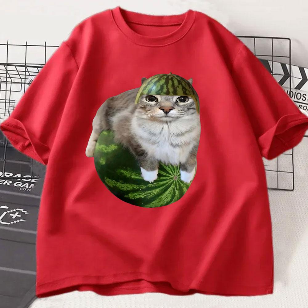 Watermelon Cat Silly Cat Funny Meme T Shirts Men's Women Clothing Casual Cotton T-shirt Fashion Short Sleeve Oversized T-shirts