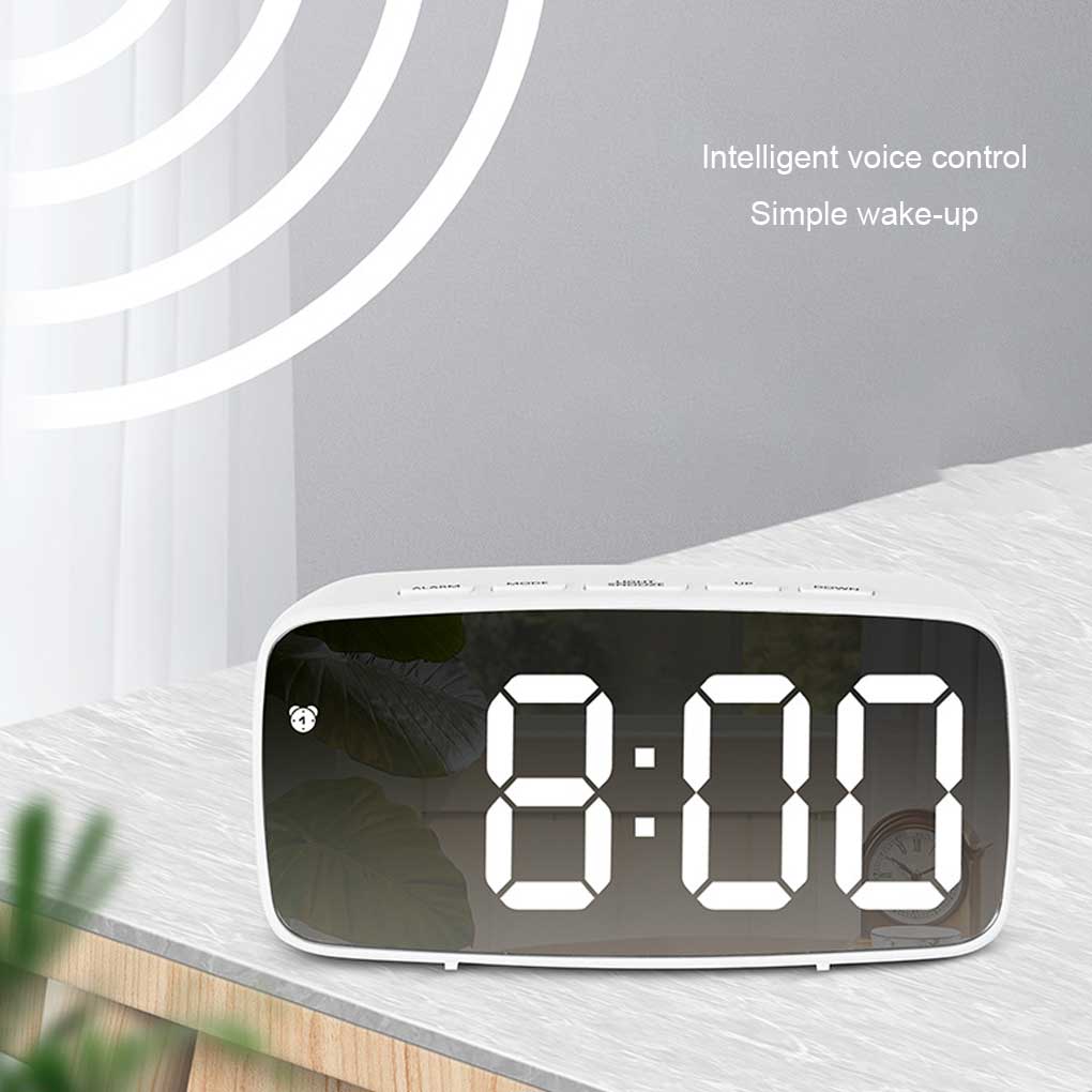 Alarm Clock Digital Morning Wake Up Bedside Thermometer Voice Control Snooze Adjustable Desktop Date Calendar