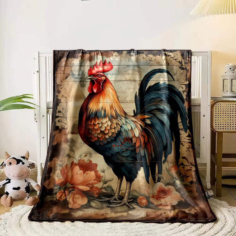 Vintage Rooster Floral Blanket Bedroom Blanket for Livingroom Couch Lunch Break Soft Throw for Friend's Festival Gift