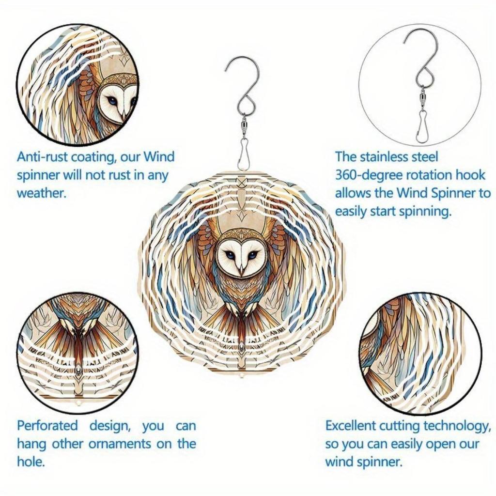 Owl-Design Metal Windmill Garden Decor – Dual-Direction Spinning Wind Chime, White Face & Owl Art, Outdoor Hanging Ornament – Easy