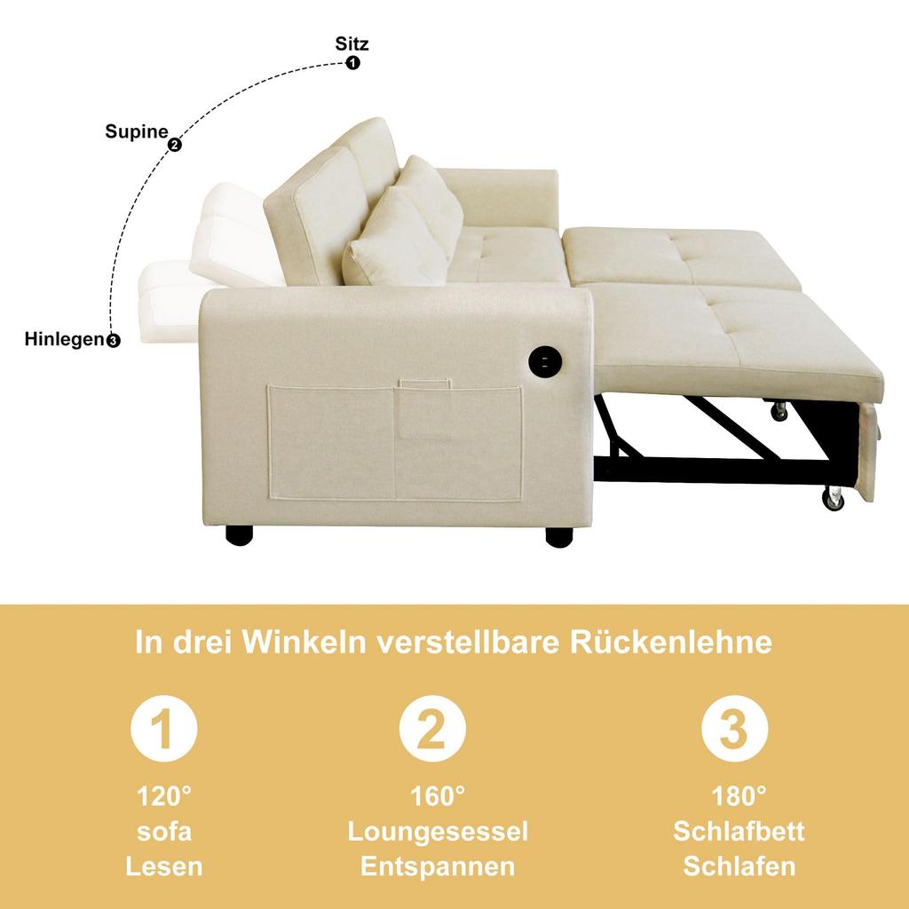 Sofa Bed with Storage Box 2-seater 3-in-1 Sofa Bed Foldable Adjustable Backrest USB Ports Armrest Pockets Beige 142x85x83 Cm