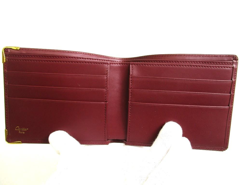 Authentieke Cartier Must de Cartier Bordeaux Leder Dubbelgevouwen Portemonnee #b079 Open doos