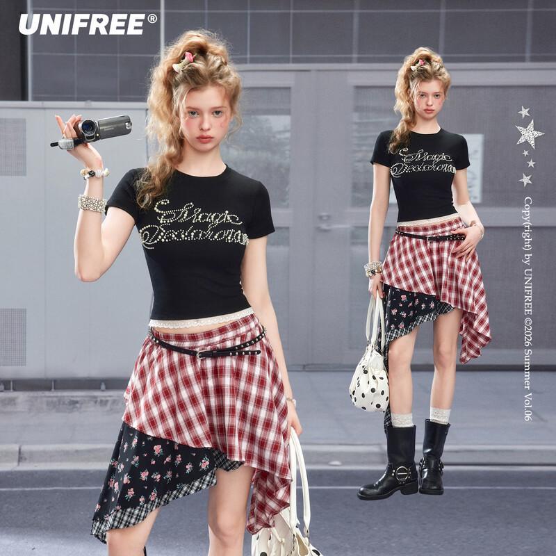 UNIFREE Pearl Letter Print Slim Short T-Shirt S
