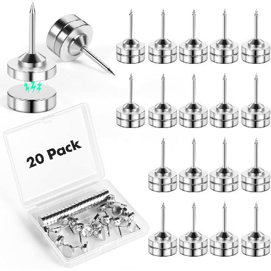 20 Sets Magnetic Push P, Silver Magnetic Tacks, Thumbtacks for Hanging, Poster Hanger, Push Pin Plips, Thumb Tacks for Wall, Push P for Bulletin