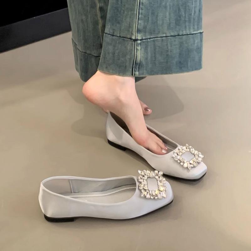 French square head rhinestone buckle flat-soled single shoes women's 2025 spring new fairy evening wind silk ladyshoes grandma shoes