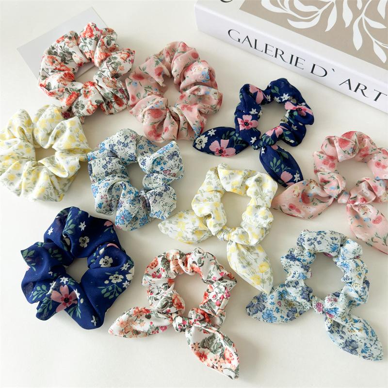 Romantic Floral Print Scrunchies Soft Chiffon Hair Ties Summer Sweet Garden Style Hair Accessories For Teen Girls Party