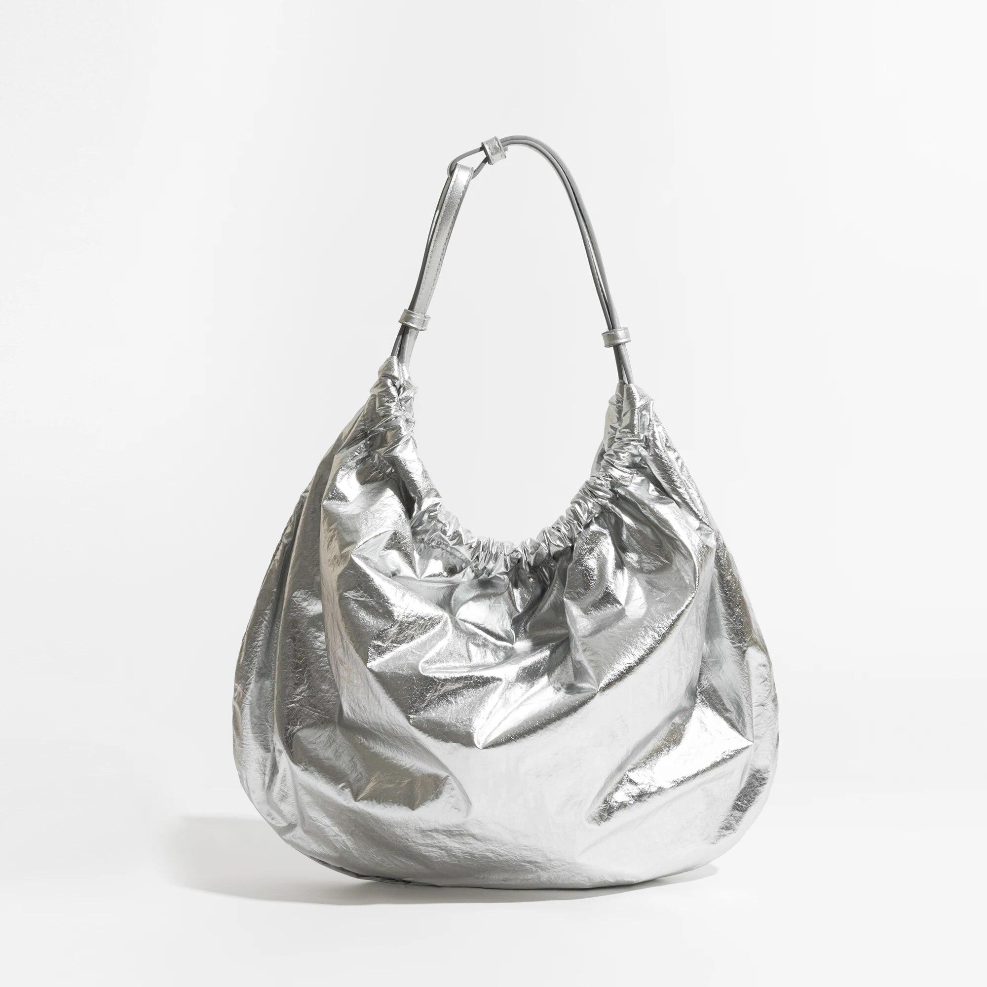 

Большая серебряная полумесяцная сумка-хобо из искусственной кожи для женщин y2k, винтажная стильная плиссированная сумка-тоут, шикарный кожаный кошелек на плечо чёрный