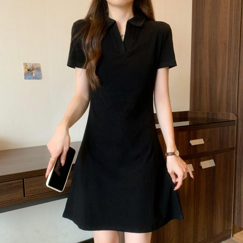 40s Pure Cotton Women's Little Black Polo Collar Dress, Slim Fit for Spring/Summer 2026