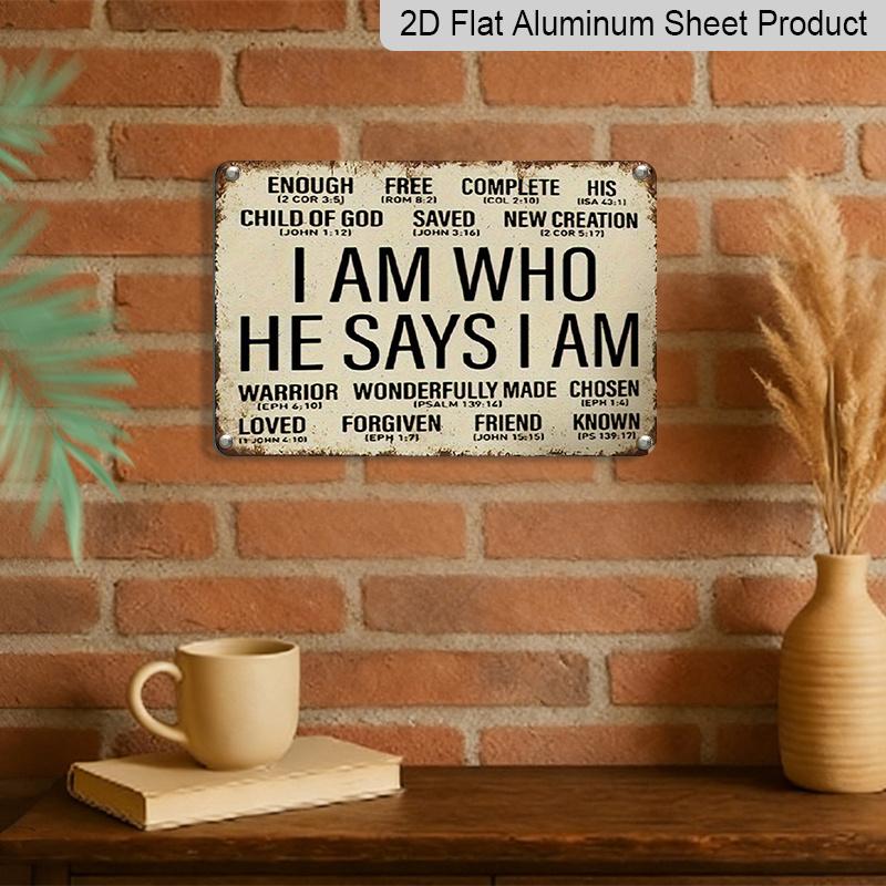2D Flat Christian Metal Wall Decor Plaque - "I Am Who He Says I Am" with Bible Verse - Vintage Style Home Office Bedroom Decoration - Durable