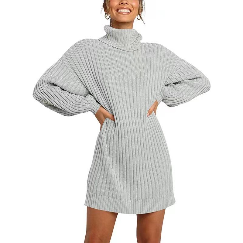 

Fashion Wind Fall and Winter New High Neck Sweater Knitwear Dress High Neck Knitted Dress Gray 3XL