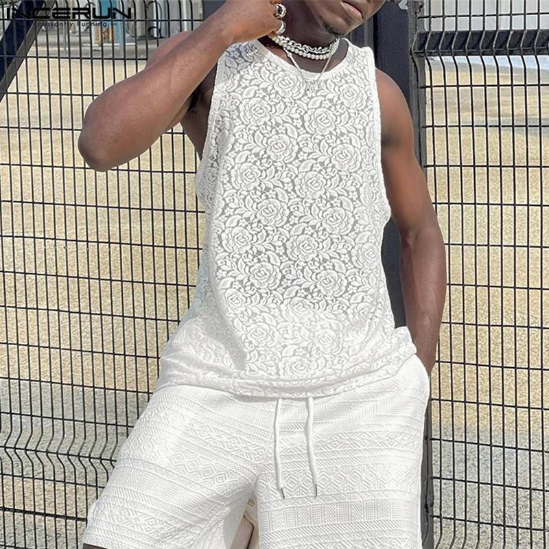 INCERUN Summer Men Sleeveless Lace See Through Mesh Sheer Loose Tank Tops